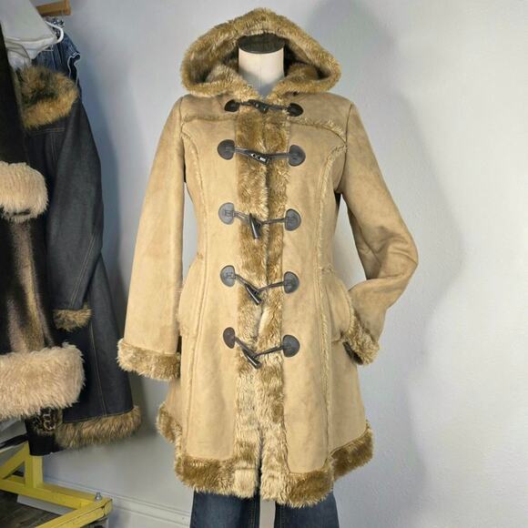 Vintage Jackets & Blazers - Y2K Penny Lane Faux Fur Toggle Coat Hood Tan Fisherman Core Winter Boho